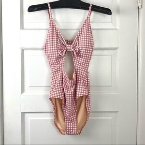 Beach Joy Bikini Brand One Piece Pink/White Check W/ Front Cut Out &‎ Bow Size S
